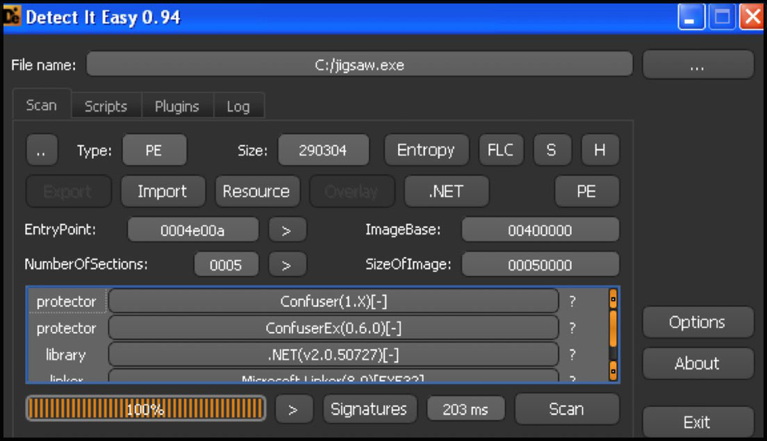 Detect It Easy identifying jigsaw.exe as a .NET PE packed with ConfuserEx 0.6.0