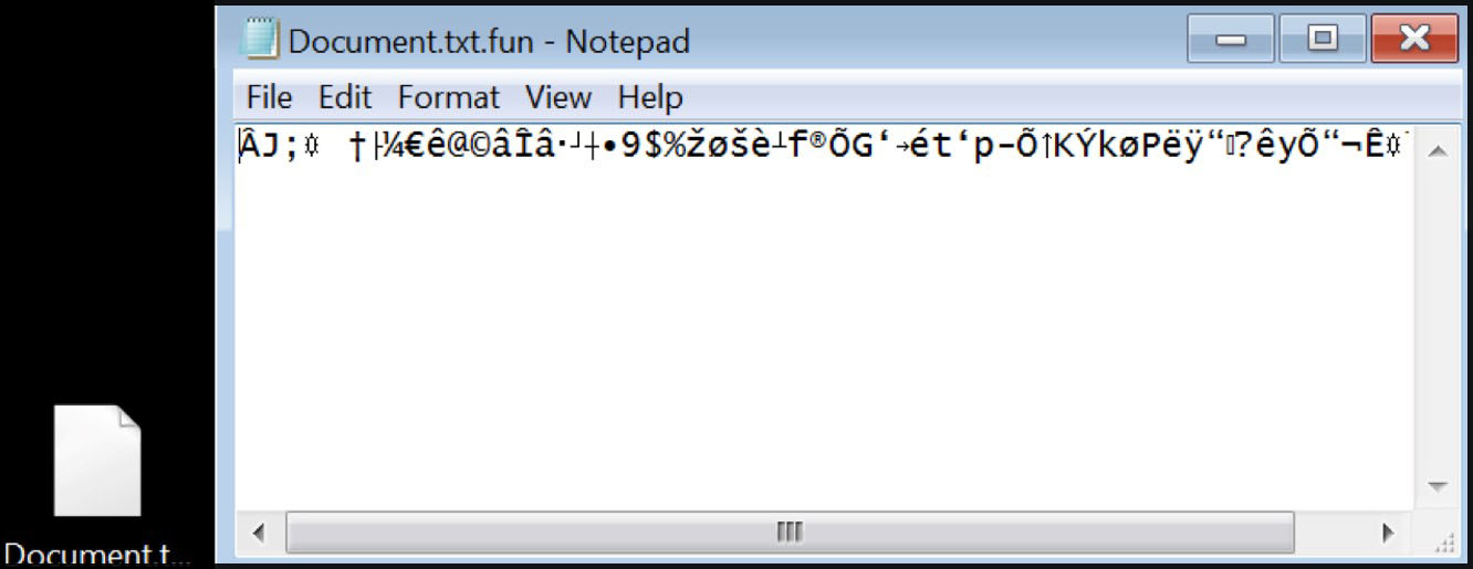 The same bait file after encryption, renamed Document.txt.fun and showing ciphertext