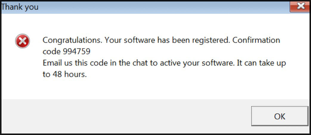 Fake software registration dialog displayed by Jigsaw after a claimed payment
