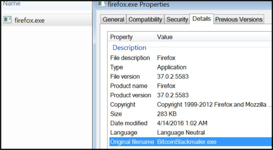 File properties showing the sample masquerading as firefox.exe with the original filename BitcoinBlackmailer.exe