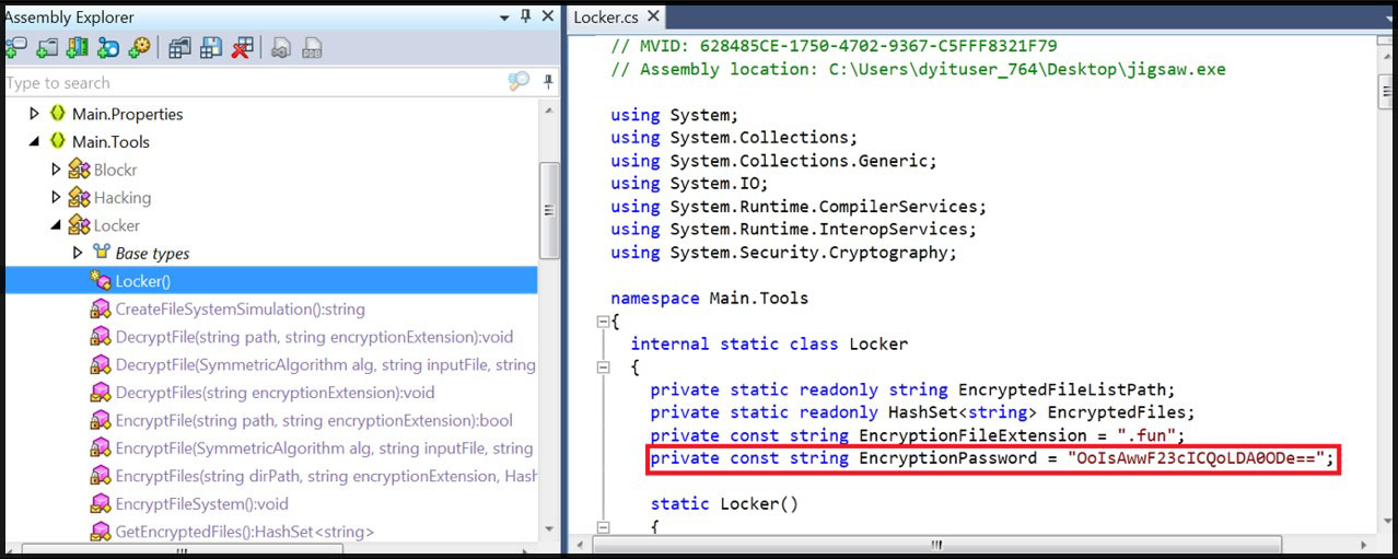 The Locker class decompiled in dnSpy, exposing the hardcoded EncryptionPassword and the .fun extension