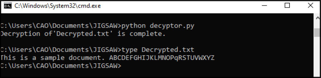 A Python decryptor restoring the encrypted bait file back to its original plaintext contents