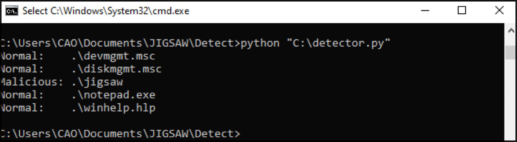 A Python detection script flagging the jigsaw binary as malicious while leaving legitimate files as normal