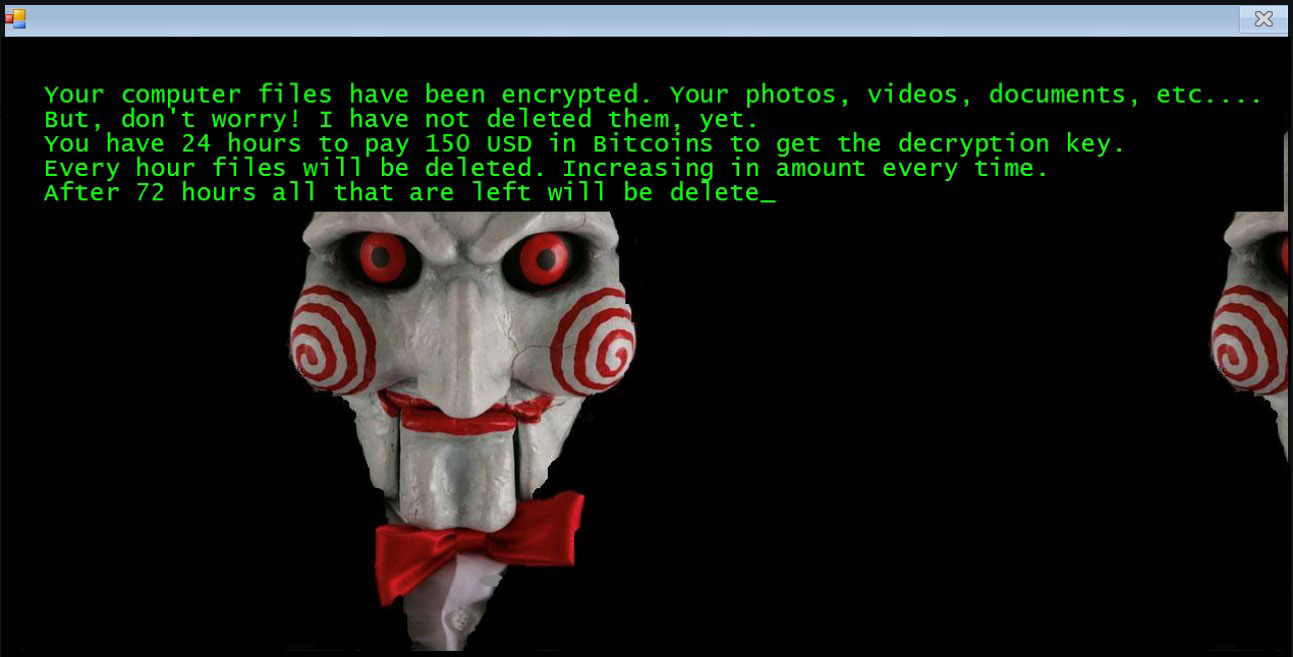 The Jigsaw ransom screen demanding 150 USD in Bitcoin within 24 hours, with hourly file deletion