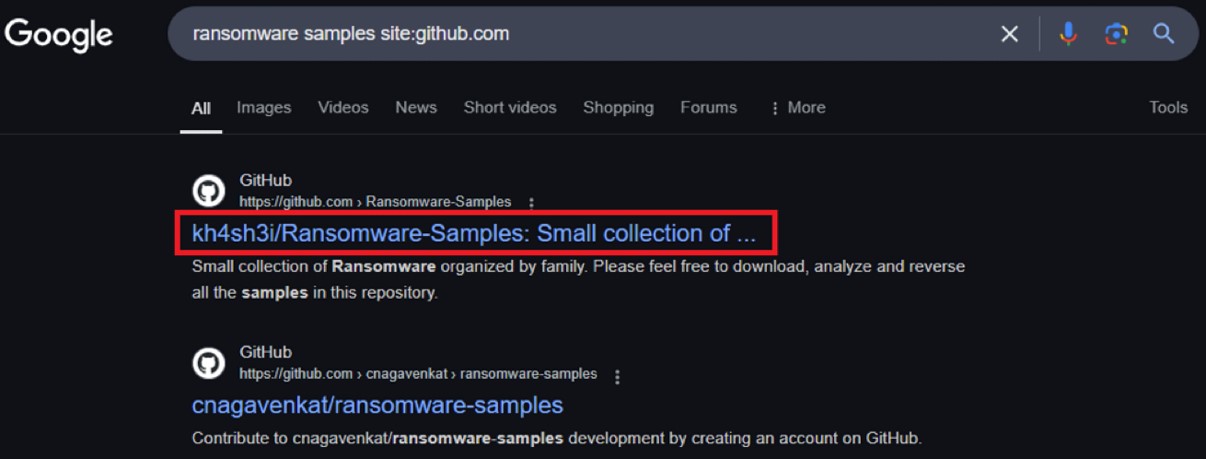 Google search for ransomware samples on GitHub, with the kh4sh3i Ransomware-Samples repository highlighted