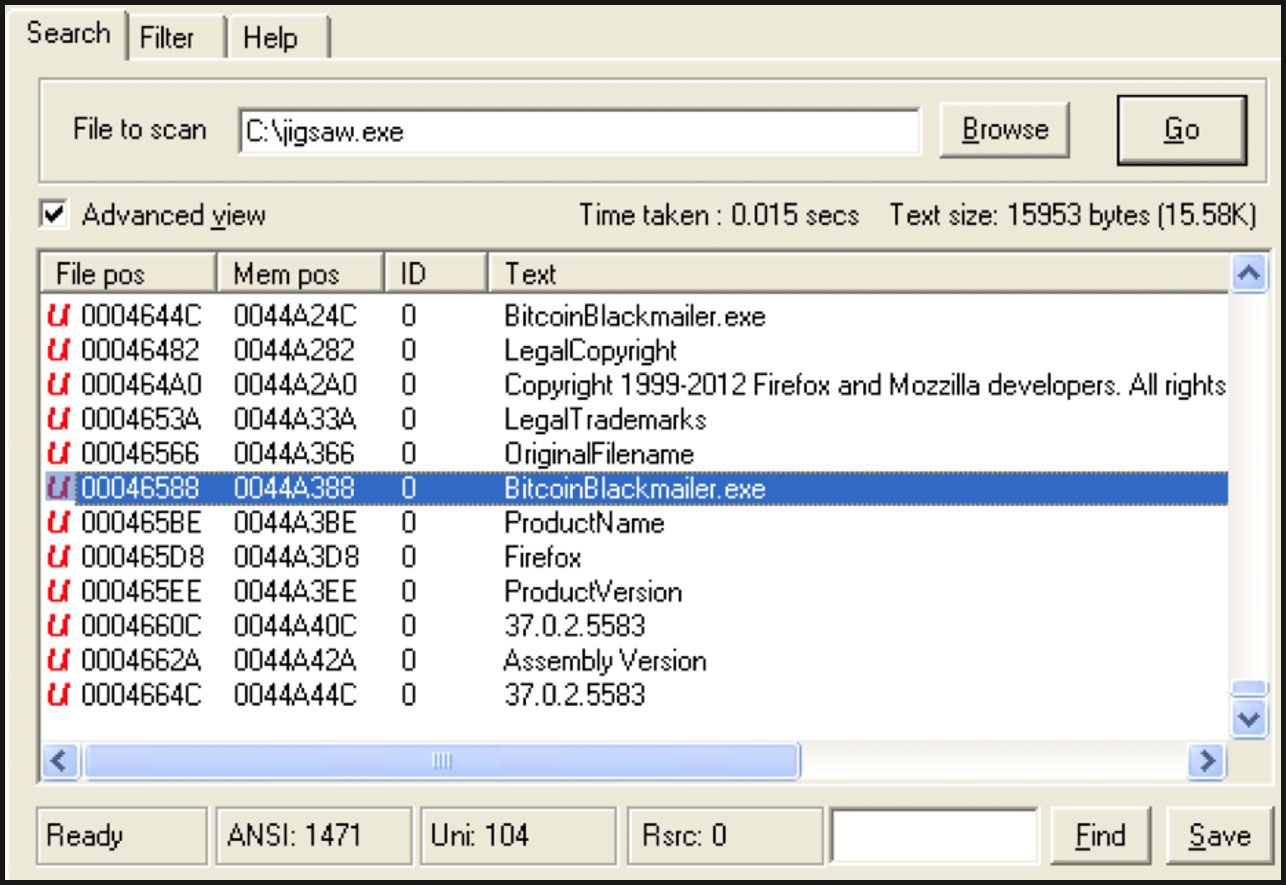 Strings output revealing BitcoinBlackmailer.exe alongside spoofed Mozilla Firefox version metadata