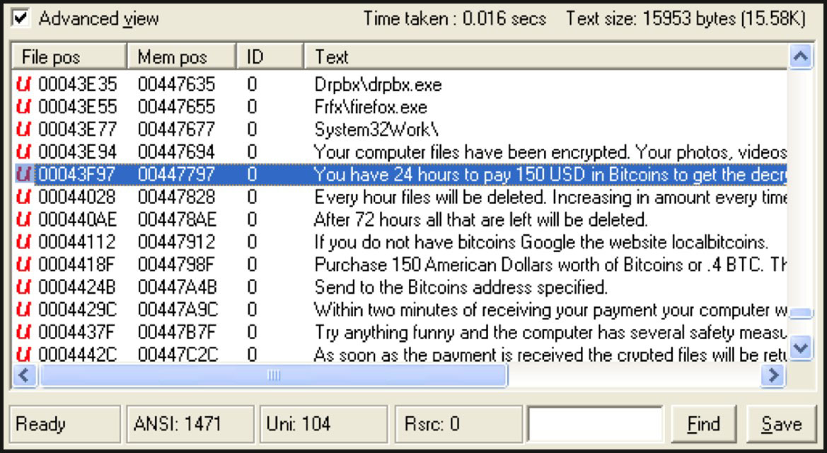 Strings output exposing the Jigsaw ransom note text and the drpbx.exe and firefox.exe drop paths